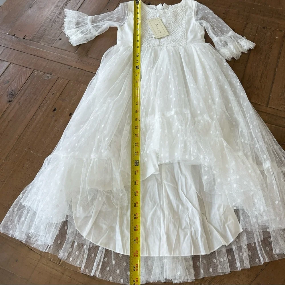 Trish Scully Swiss Dot Tulle Lace Hi Low Dress Girls 5 White Wedding Communion